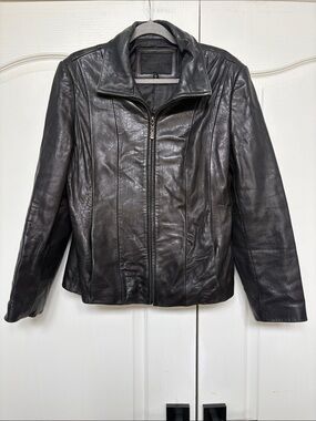 Avanti Black Leather Zip-Up Panel Jacket